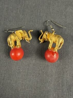 Gold Tone Elephant Earrings Dancing Ball